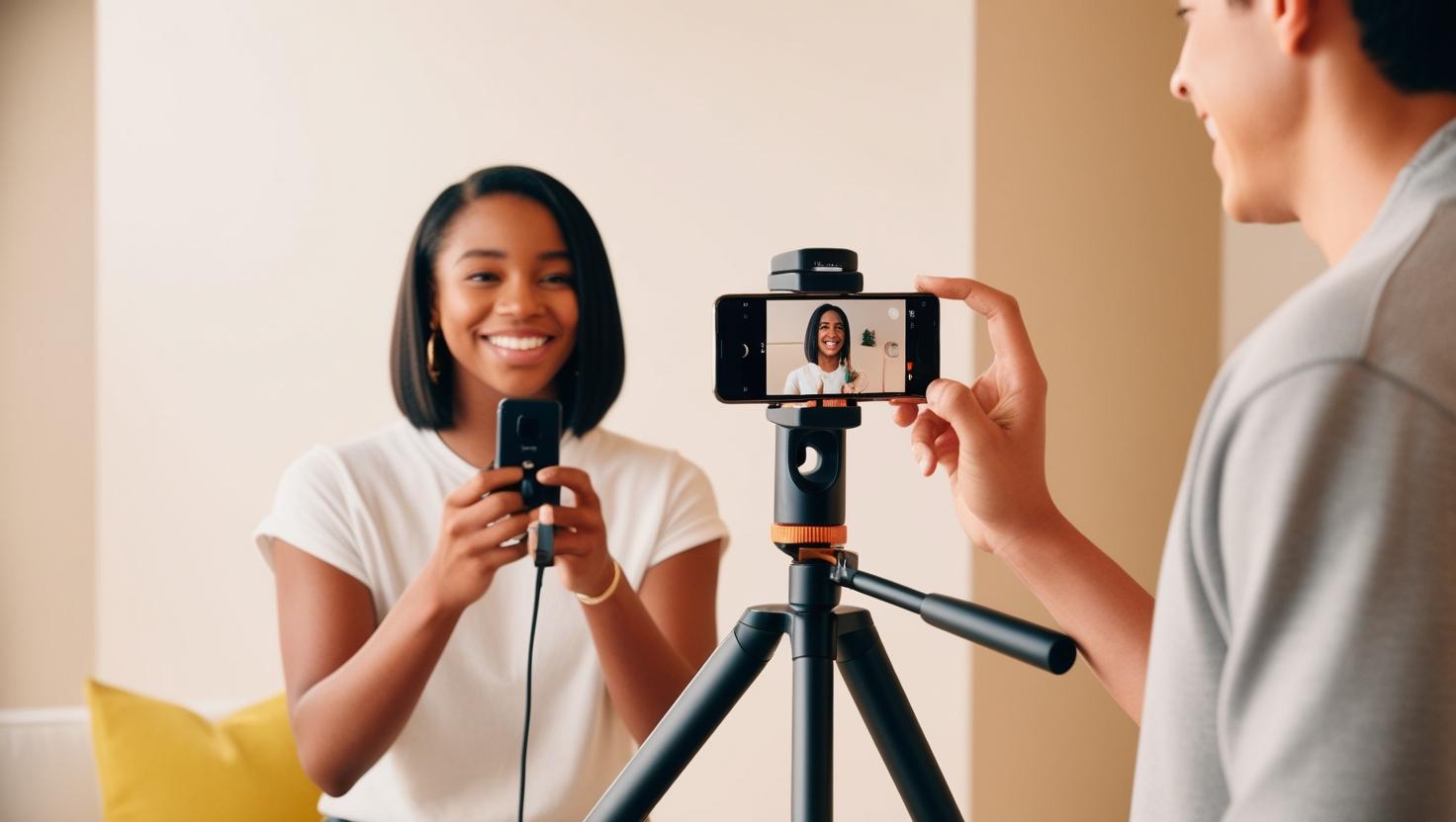 A person filming, doing a podcast, or shooting a reel with their phone placed on a tripod social media reels for business